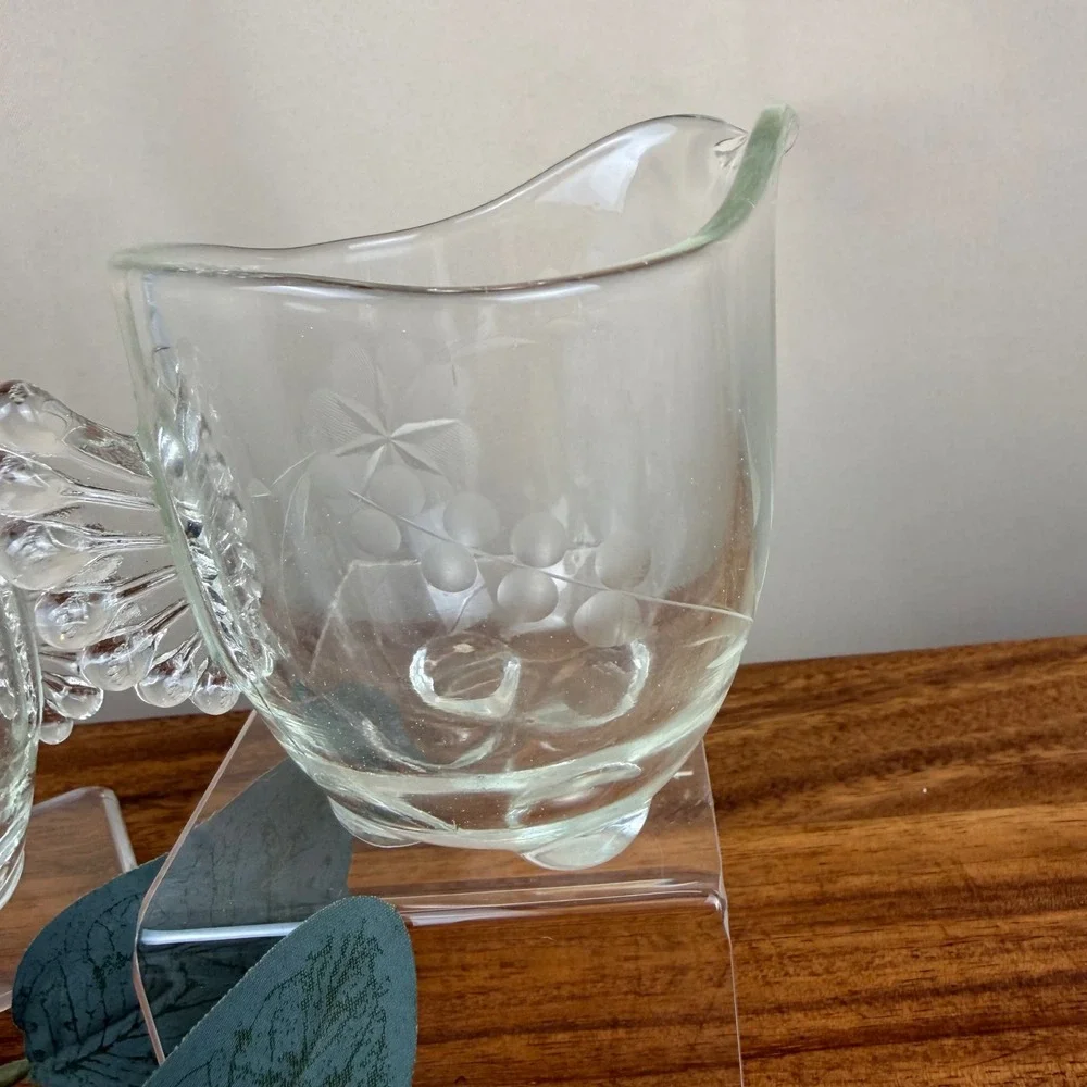Paden City Gazebo Glass Creamer and Sugar Set Vintage Etched Floral Wing Handles